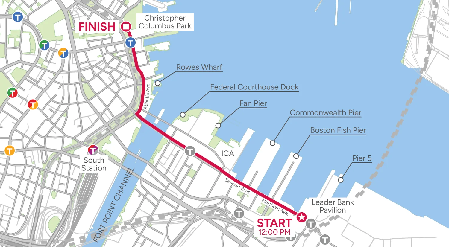 Cadet parade route: START at Leader Bank Pavilion on Northern Ave, up Seaport Blvd, across the Evelyn Moakley Bridge over Fort Point Channel, then north on Atlantic Ave to FINISH at Christopher Columbus Park.